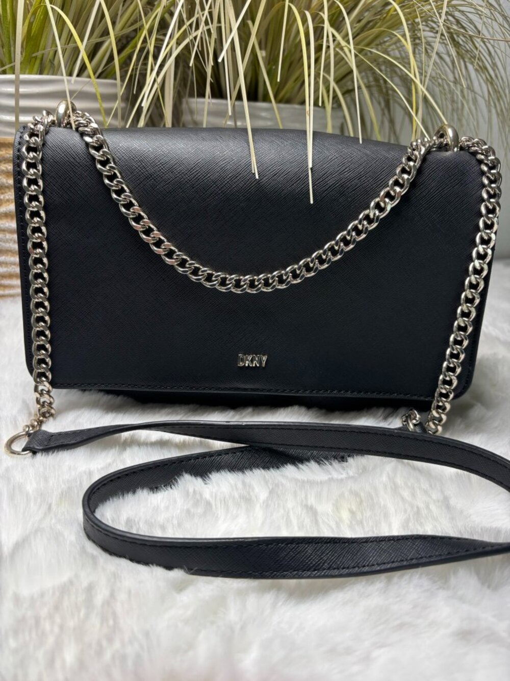 DKNY Bryant Park Black Saffiano Leather Crossbody Silver Chain Bag